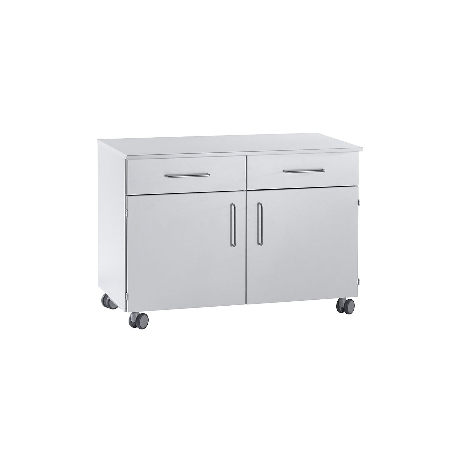 Laboratory base cupboard, high, 2 drawers, 2 doors, 2 shelves, 1 central partition, width 836 mm.
