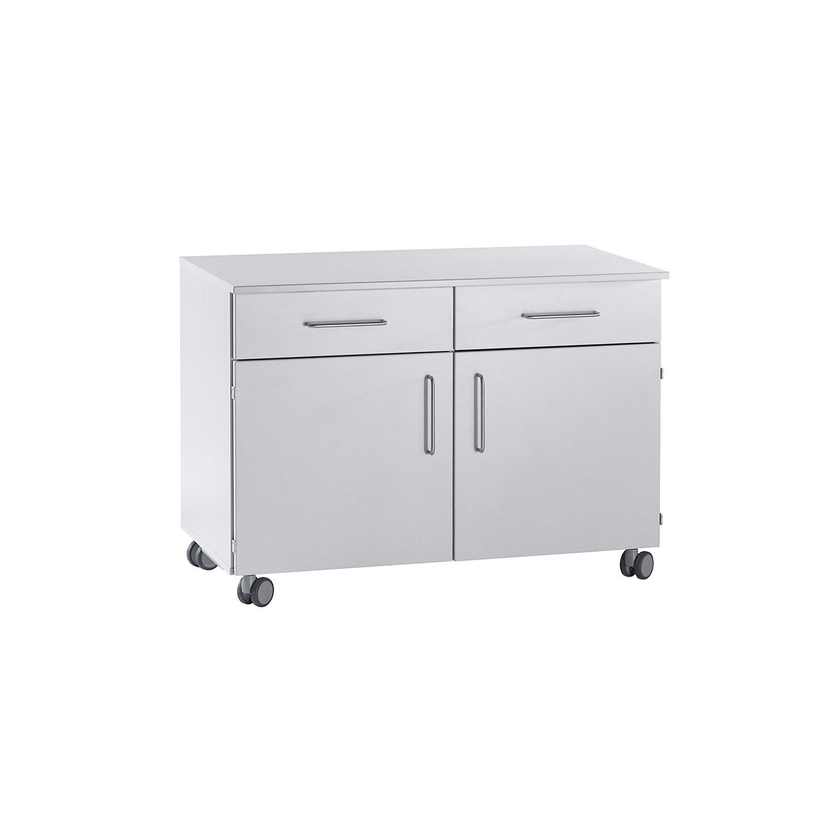 Laboratory base cupboard, high, 2 drawers, 2 doors, 2 shelves, 1 central partition, width 1136 mm.