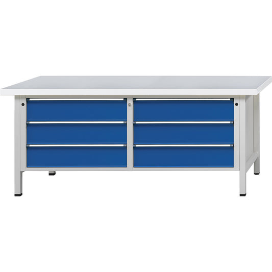 Workbenches 2000 mm wide, frame construction, 6 x 180 mm drawers, universal worktop, height 840 mm.