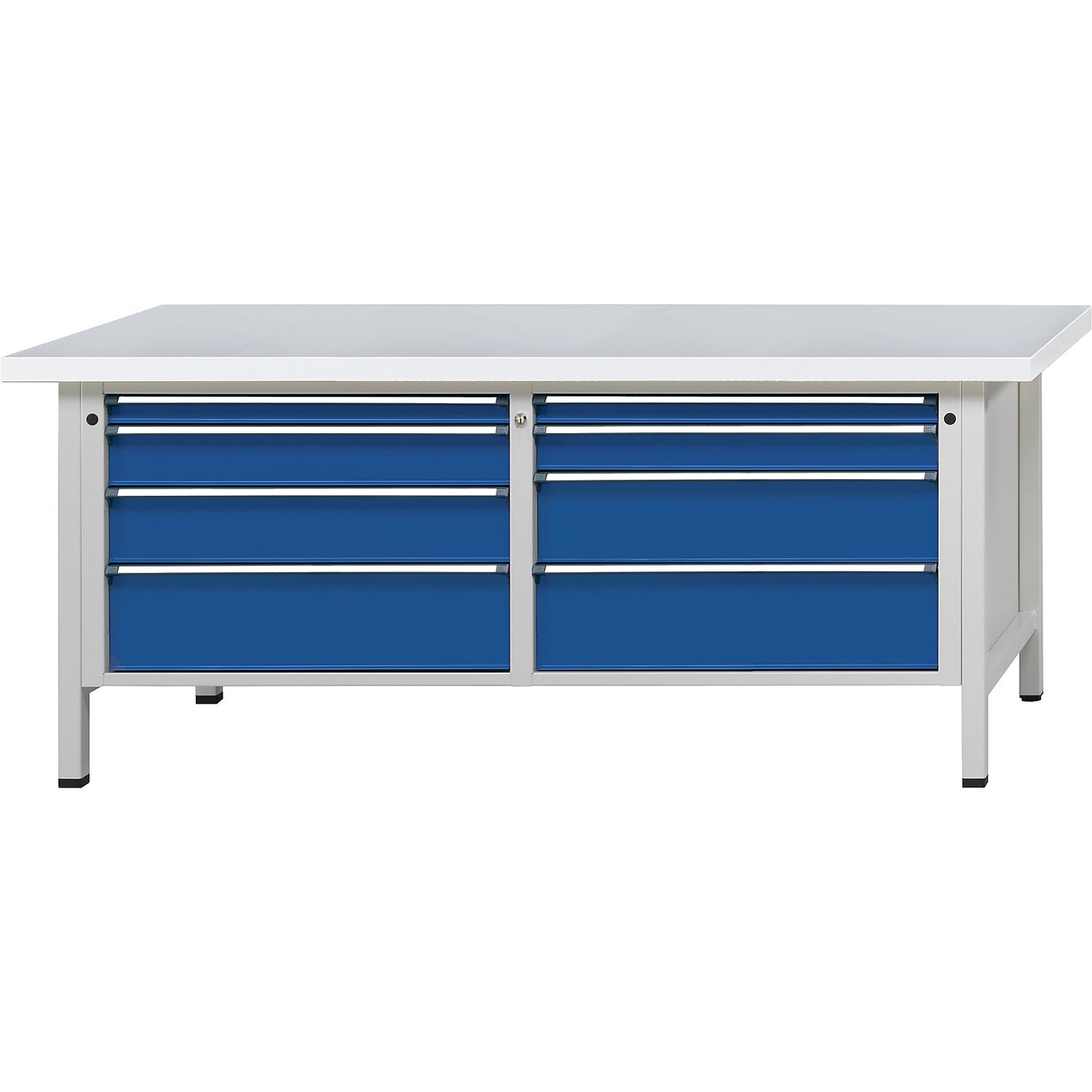 Workbenches 2000 mm wide, frame construction, 8 drawers, universal worktop, height 840 mm.
