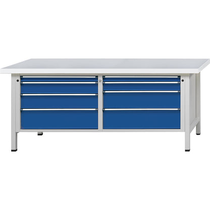 Workbenches 2000 mm wide, frame construction, 8 drawers, universal worktop, height 840 mm.