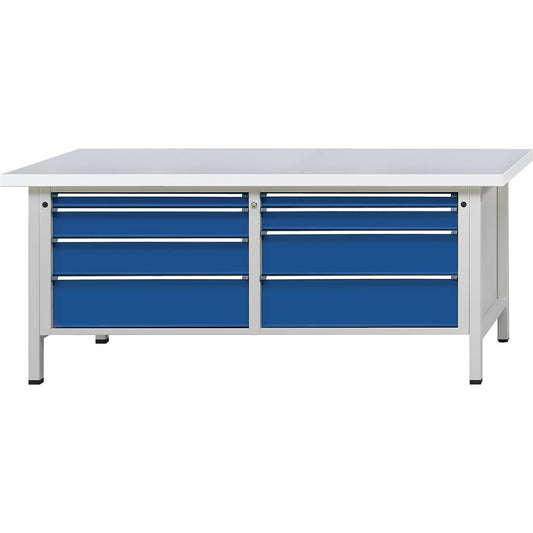 Workbenches 2000 mm wide, frame construction, 8 drawers, universal worktop, height 840 mm.