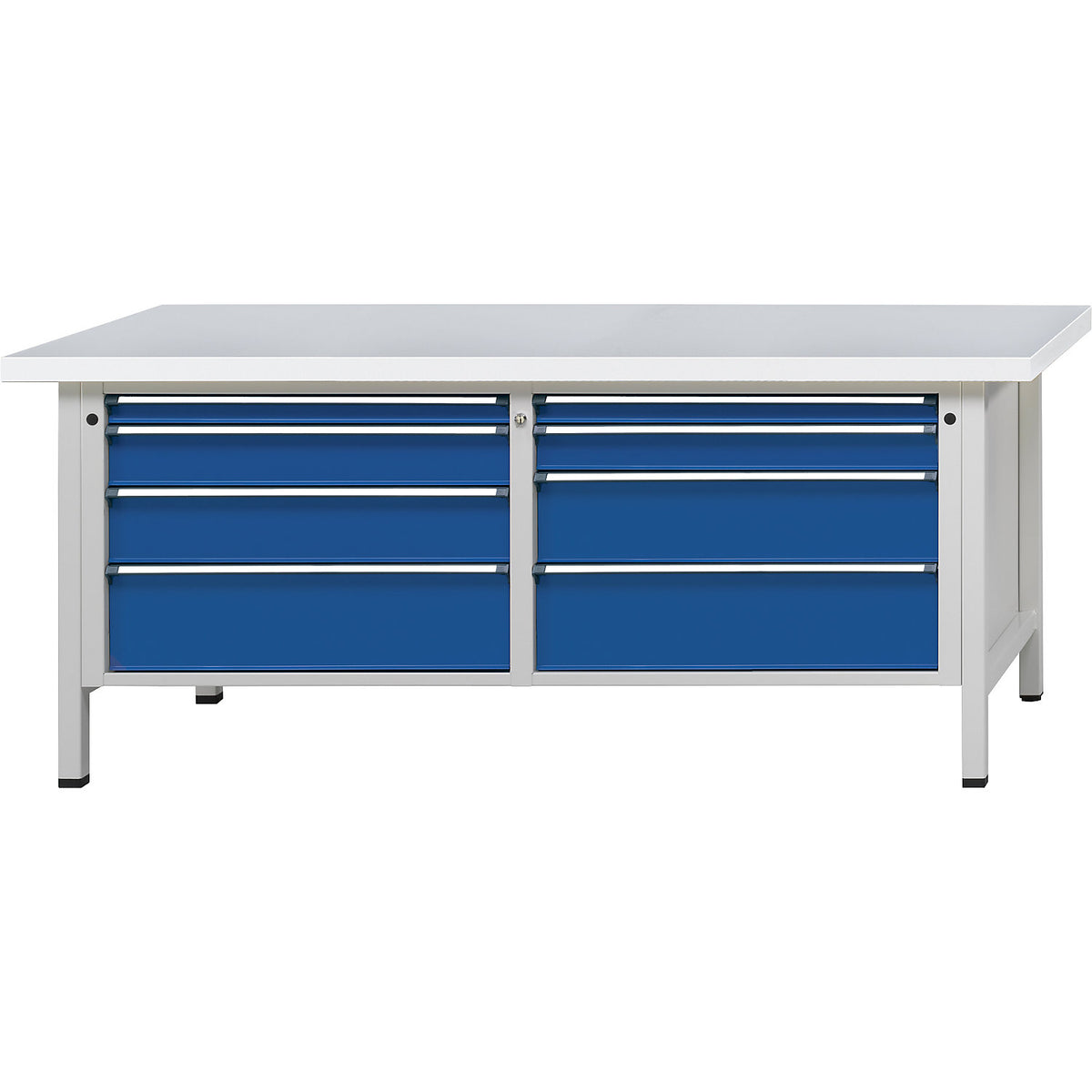 Workbenches 2000 mm wide, frame construction, 8 drawers, universal worktop, height 840 mm.