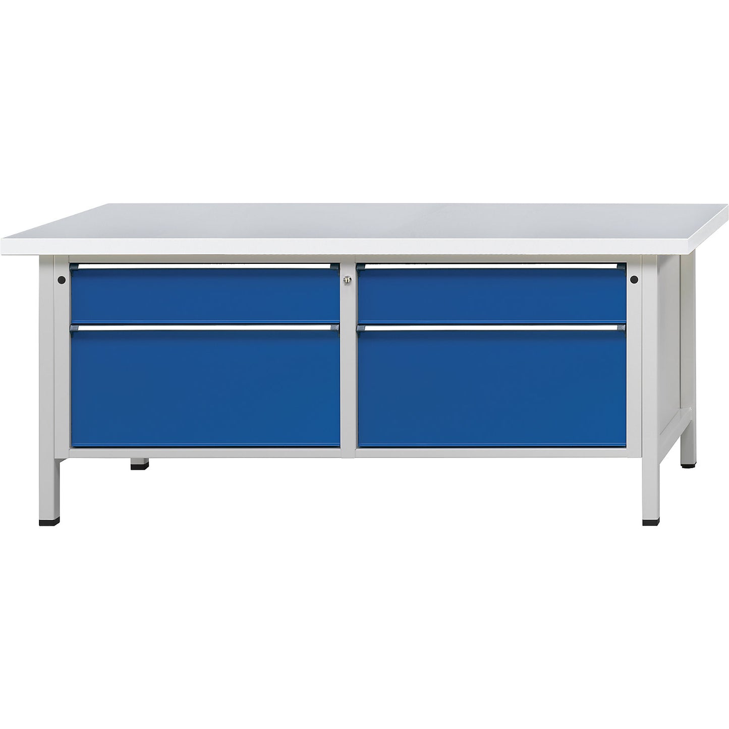 Workbenches 2000 mm wide, frame construction, 4 drawers, universal worktop, height 840 mm.