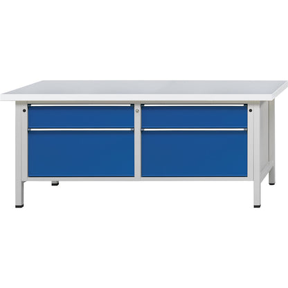Workbenches 2000 mm wide, frame construction, 4 drawers, universal worktop, height 840 mm.