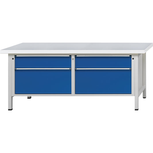 Workbenches 2000 mm wide, frame construction, 4 drawers, universal worktop, height 840 mm.