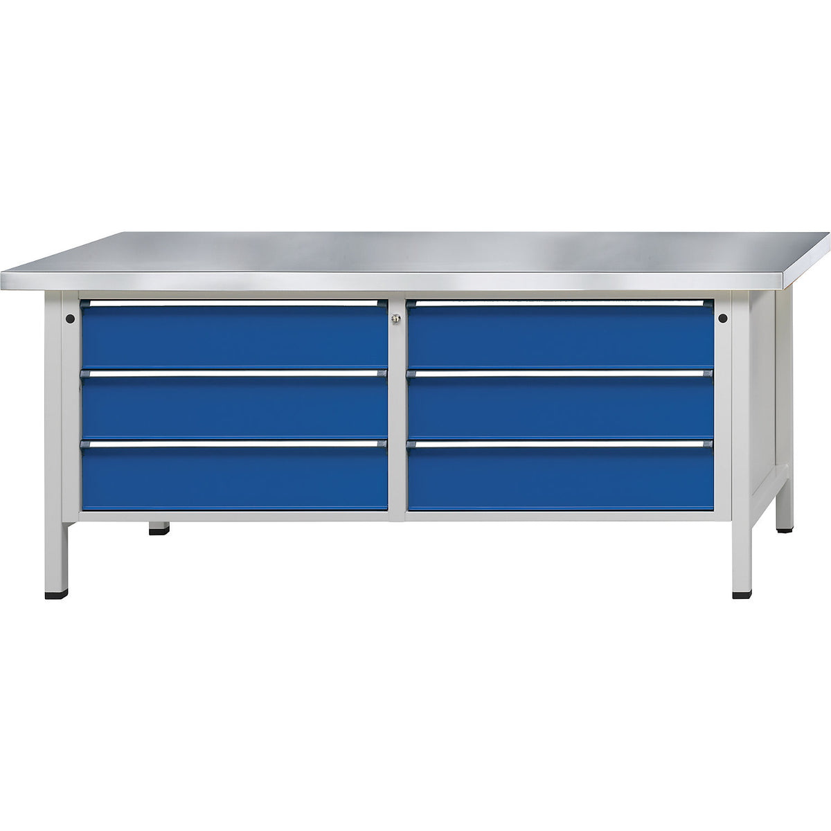 Workbenches 2000 mm wide, frame construction, 6 x 180 mm drawers, sheet steel covered worktop, height 840 mm.