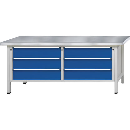 Workbenches 2000 mm wide, frame construction, 6 x 180 mm drawers, sheet steel covered worktop, height 840 mm.