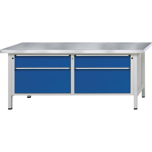 Workbenches 2000 mm wide, frame construction, 4 drawers, sheet steel covered worktop, height 840 mm.