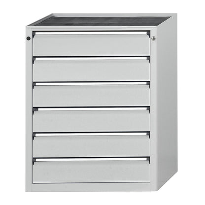 Drawer cupboard without worktop, width 910 mm, 6 x 150 mm drawers, front in light grey.