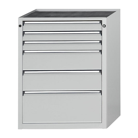 Drawer cupboard without worktop, width 760 mm, max. drawer load 200 kg, 6 drawers, front in light grey.