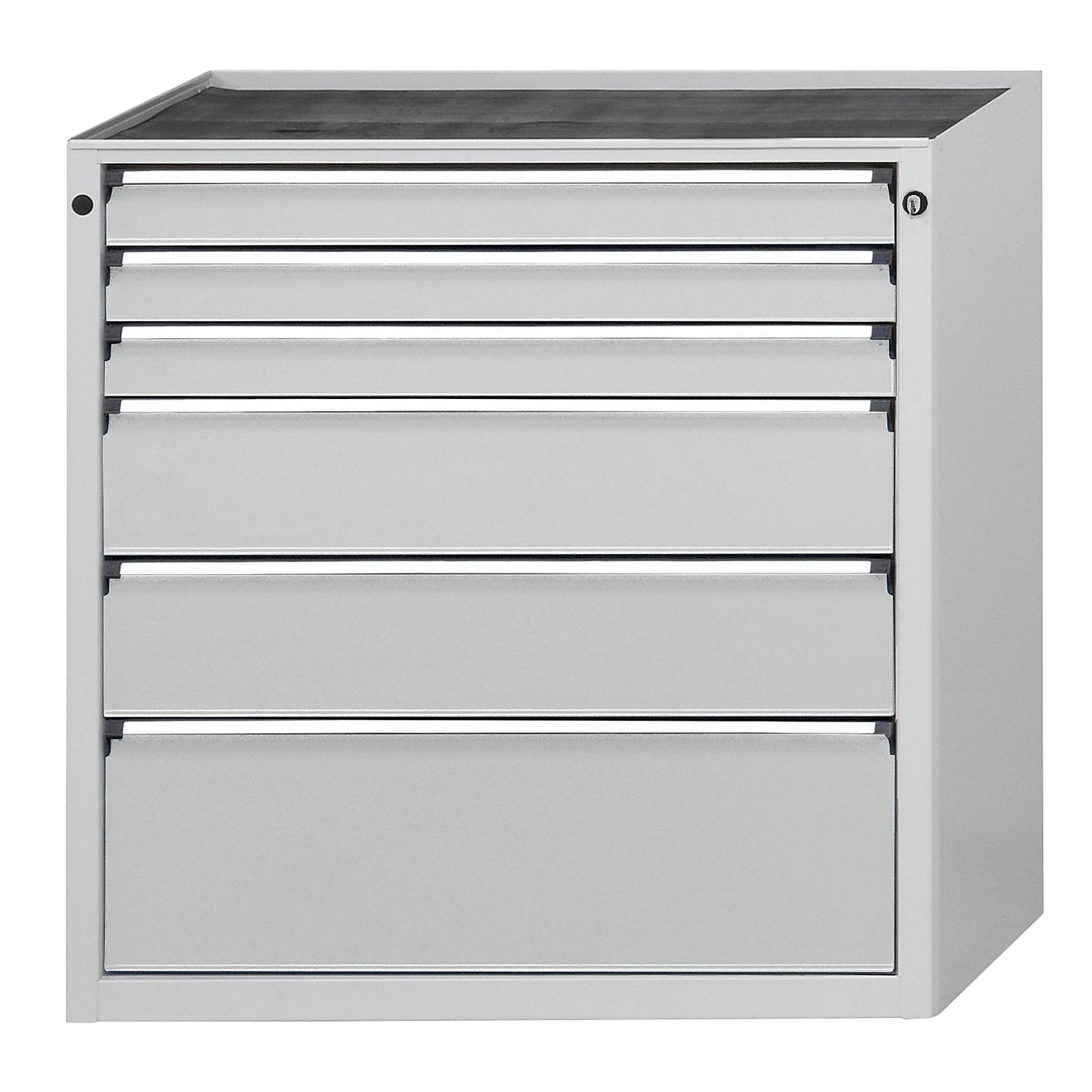 Drawer cupboard without worktop, width 910 mm, max. drawer load 200 kg, 6 drawers, front in light grey.