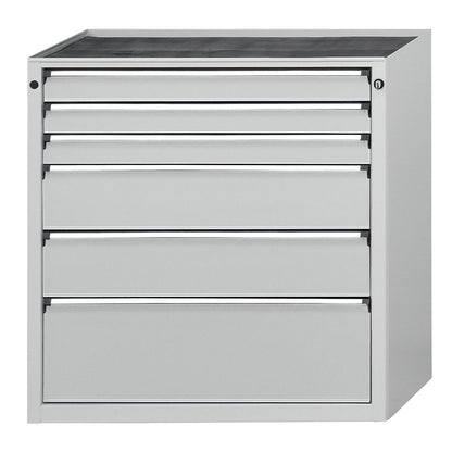 Drawer cupboard without worktop, width 910 mm, max. drawer load 200 kg, 6 drawers, front in light grey.