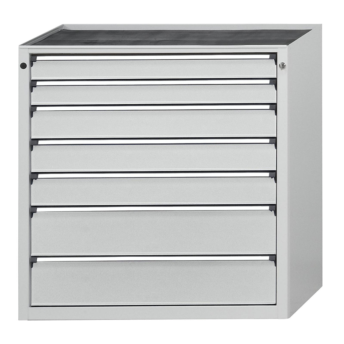 Drawer cupboard, WxD 910 x 675 mm, max. drawer load 100 kg, 7 drawers, height 980 mm, front in light grey.
