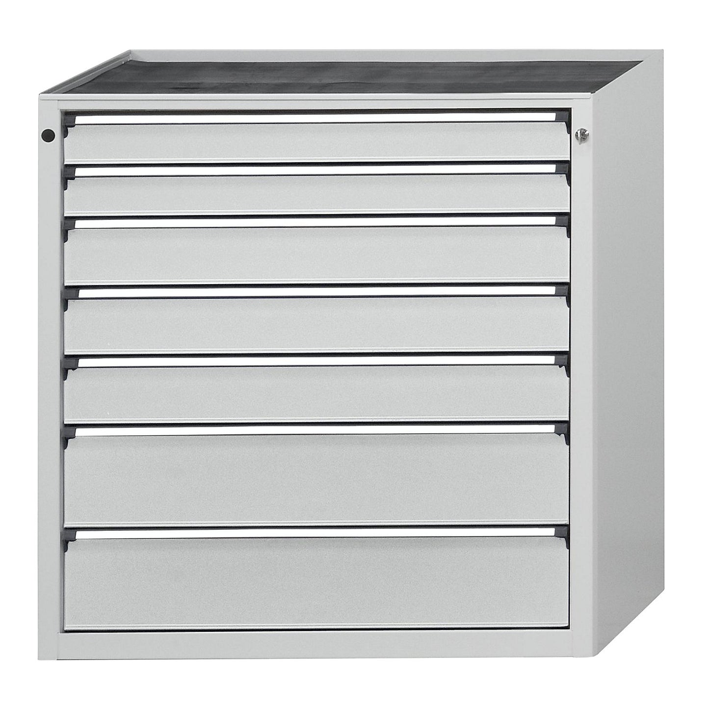 Drawer cupboard, WxD 910 x 675 mm, max. drawer load 100 kg, 7 drawers, height 980 mm, front in light grey.