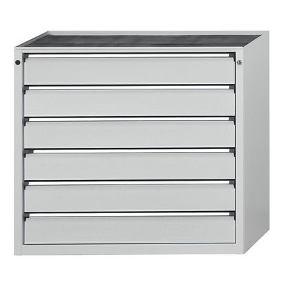 Drawer cupboard without worktop, width 1060 mm, max. drawer load 200 kg, 6 x 150 mm drawers, front in light grey.