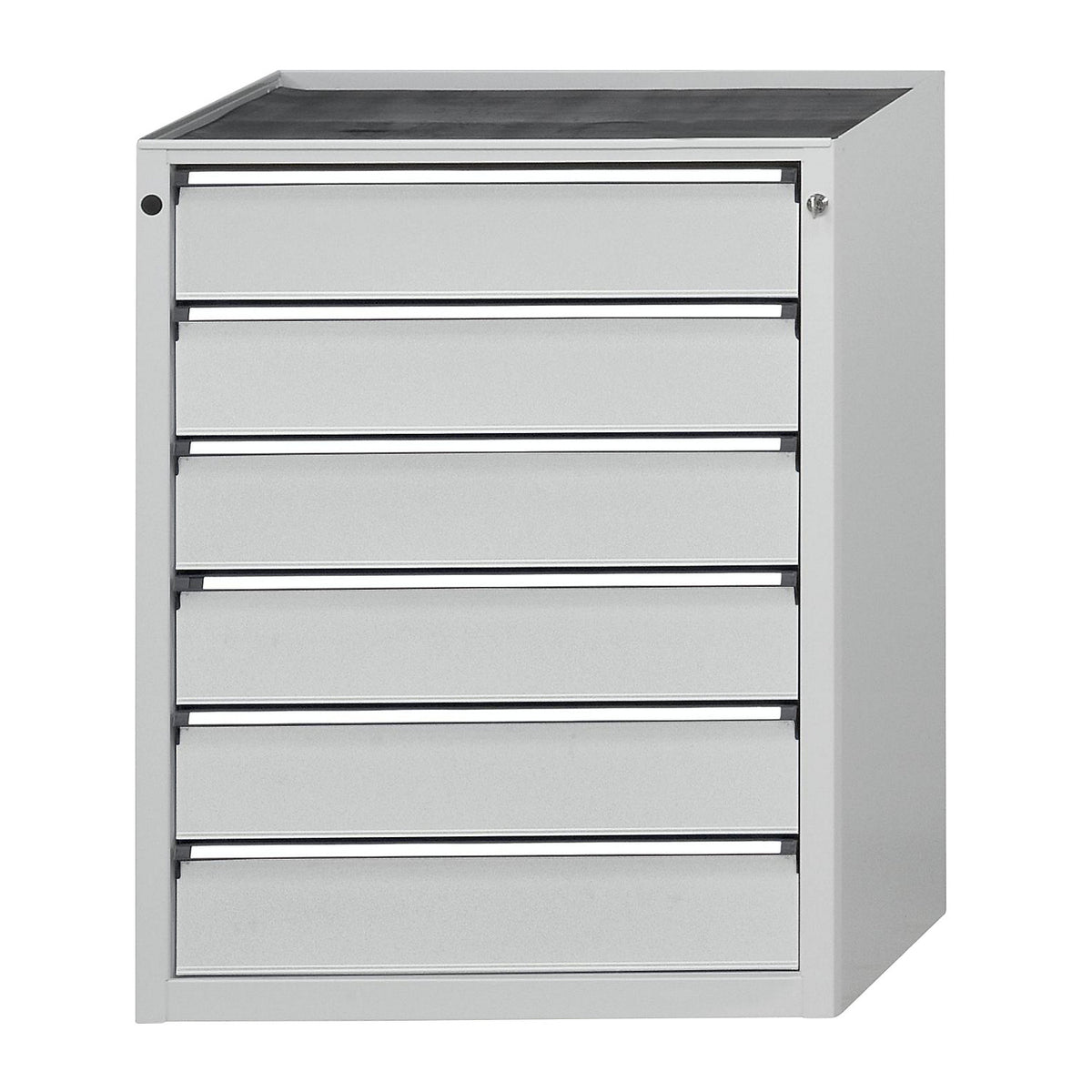 Drawer cupboard, WxD 760 x 675 mm, max. drawer load 100 kg, 6 drawers, height 980 mm, front in light grey.