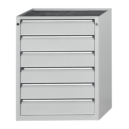 Drawer cupboard, WxD 760 x 675 mm, max. drawer load 100 kg, 6 drawers, height 980 mm, front in light grey.