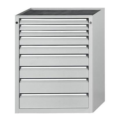 Drawer cupboard, WxD 760 x 675 mm, max. drawer load 200 kg, 9 drawers, height 1280 mm, front in light grey.