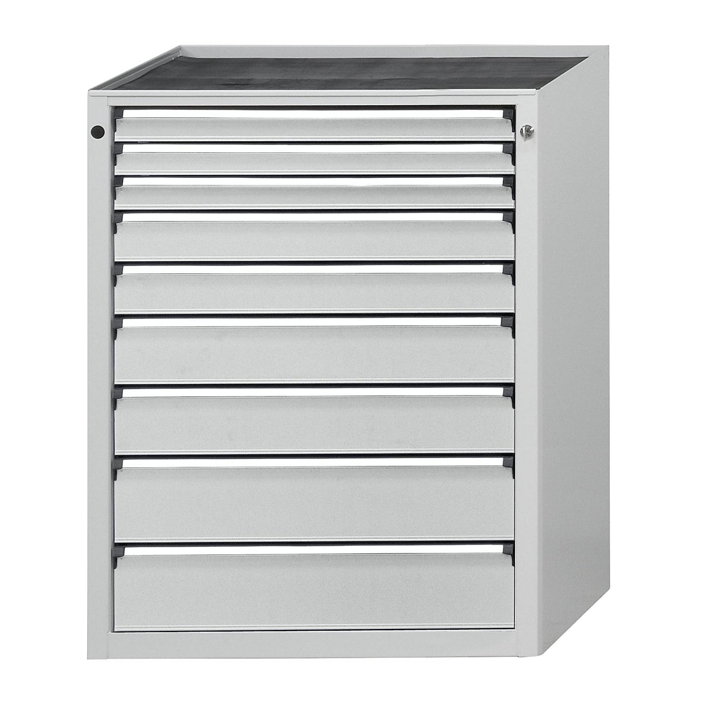 Drawer cupboard, WxD 760 x 675 mm, max. drawer load 100 kg, 9 drawers, height 980 mm, front in light grey.