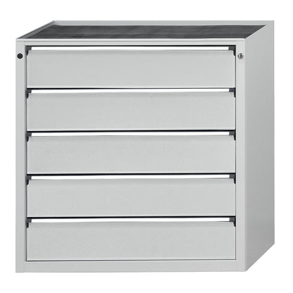 Drawer cupboard, WxD 910 x 675 mm, max. drawer load 100 kg, 5 drawers, height 980 mm, front in light grey.