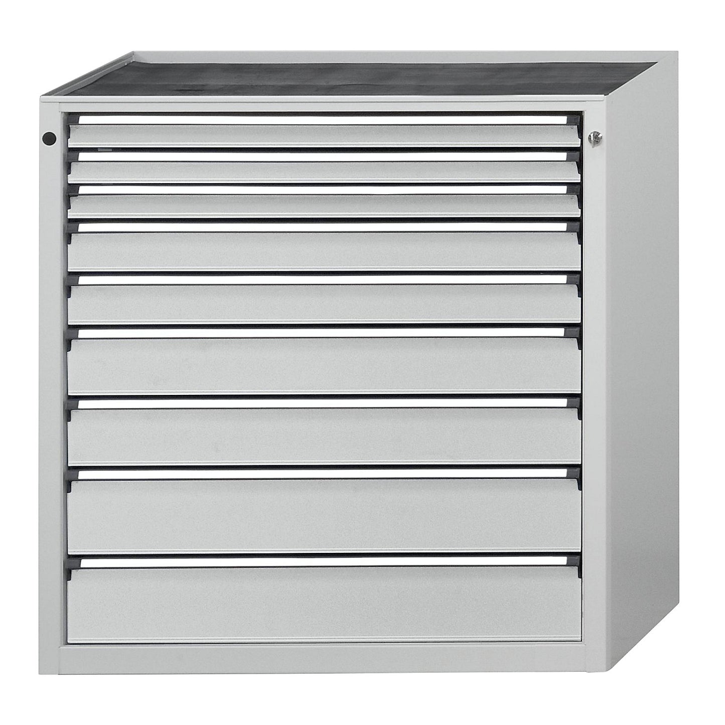 Drawer cupboard, WxD 910 x 675 mm, max. drawer load 100 kg, 9 drawers, height 980 mm, front in light grey.