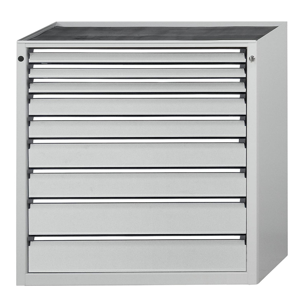 Drawer cupboard, WxD 910 x 675 mm, max. drawer load 100 kg, 9 drawers, height 980 mm, front in light grey.