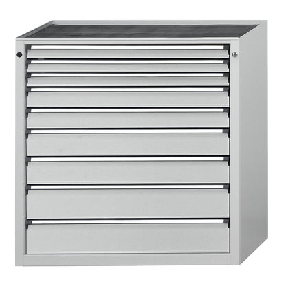 Drawer cupboard, WxD 910 x 675 mm, max. drawer load 200 kg, 9 drawers, height 1280 mm, front in light grey.