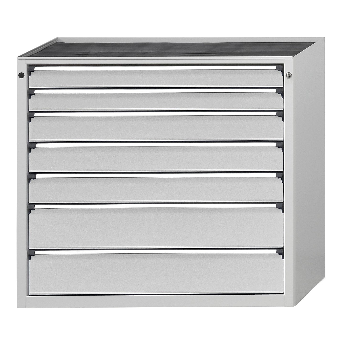 Drawer cupboard, WxD 1060 x 675 mm, max. drawer load 100 kg, 7 drawers, height 980 mm, front in light grey.