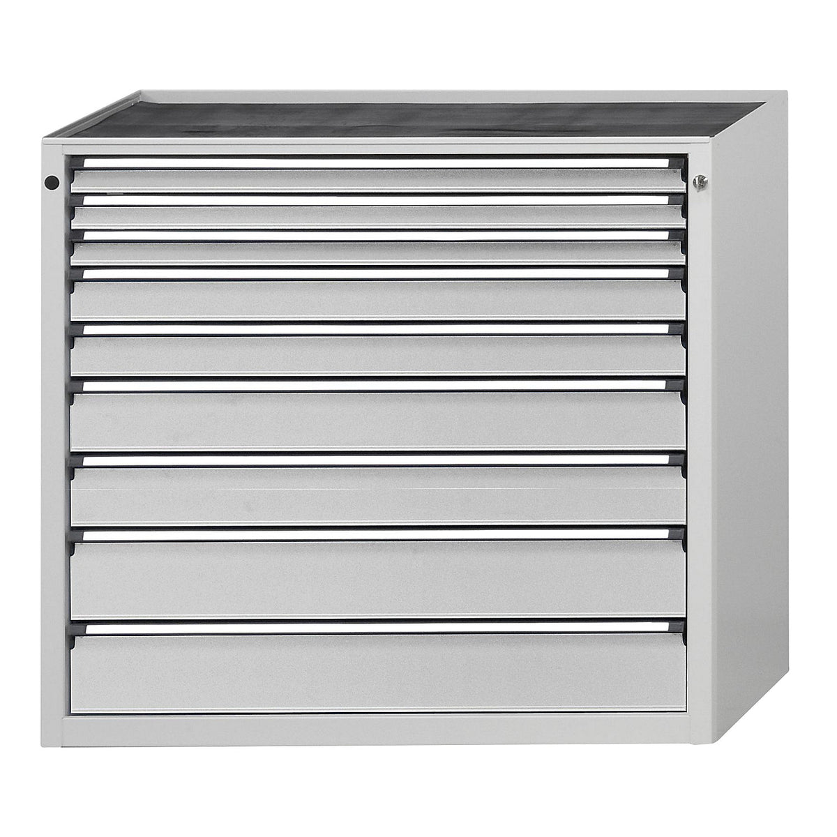 Drawer cupboard, WxD 1060 x 675 mm, max. drawer load 100 kg, 9 drawers, height 1280 mm, front in light grey.