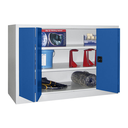 Cupboard with folding doors, height 1000 mm, width 1500 mm, depth 600 mm, grey/blue.