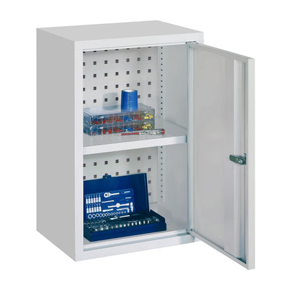 Wall mounted cupboard, height 600 mm, with solid panel door/s, width 400 mm, perforated rear panel, grey.