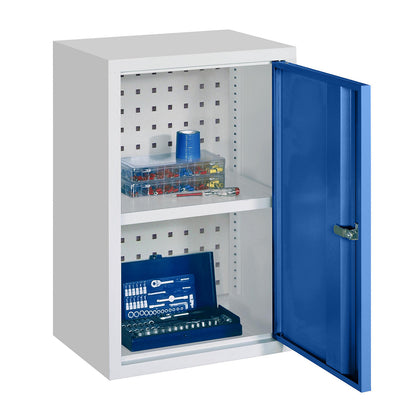Wall mounted cupboard, height 600 mm, with solid panel door/s, width 400 mm, perforated rear panel, grey / blue.