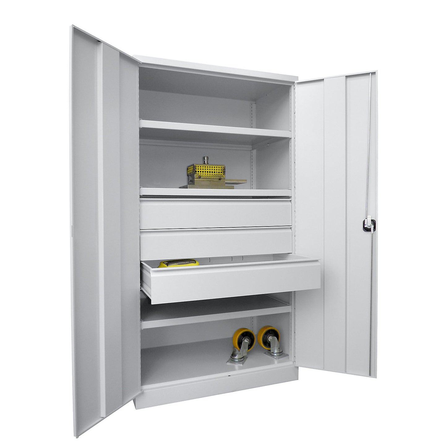 Heavy duty cupboard, height 1950 mm, 3 shelves, 3 x 175 mm drawers, grey.