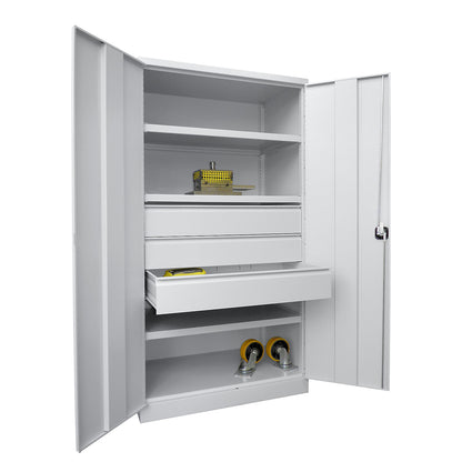 Heavy duty cupboard, height 1950 mm, 3 shelves, 3 x 175 mm drawers, grey.