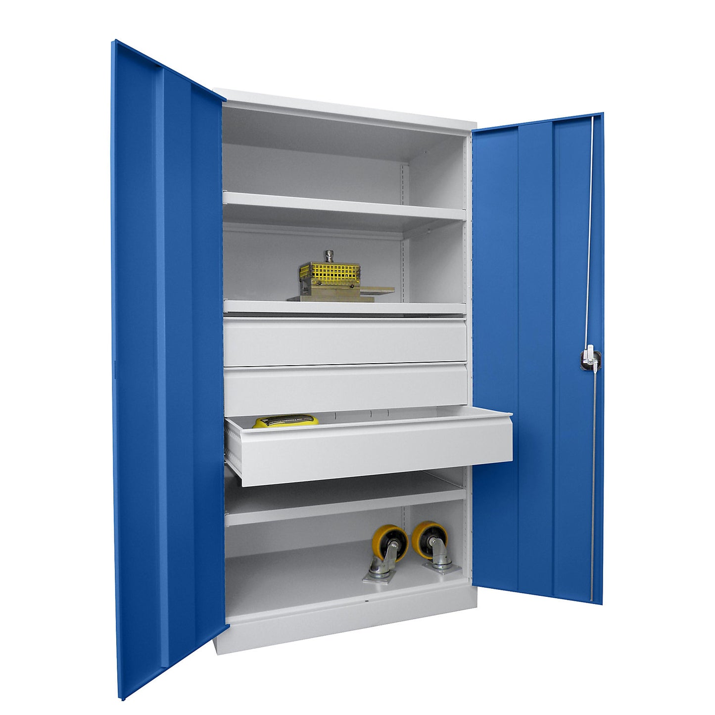 Heavy duty cupboard, height 1950 mm, 3 shelves, 3 x 175 mm drawers, grey / blue.