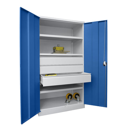 Heavy duty cupboard, height 1950 mm, 3 shelves, 3 x 175 mm drawers, grey / blue.