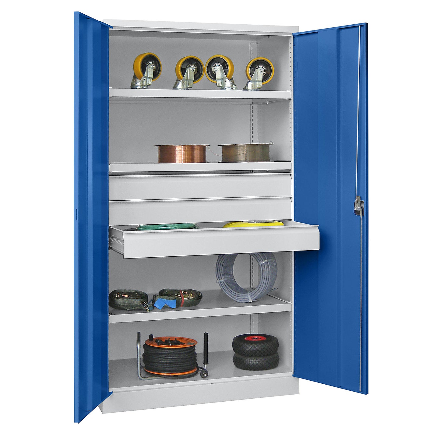 Heavy duty cupboard, height 1950 mm, 3 shelves, 3 x 125 mm drawers, grey / blue.