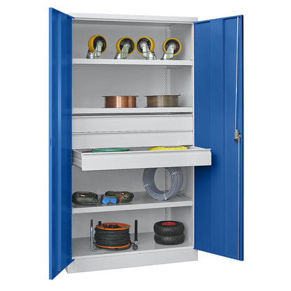Heavy duty cupboard, height 1950 mm, 3 shelves, 3 x 125 mm drawers, grey / blue.