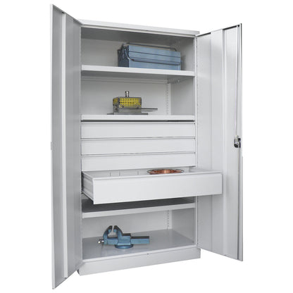 Heavy duty cupboard, height 1950 mm, 3 shelves, 4 drawers, grey.