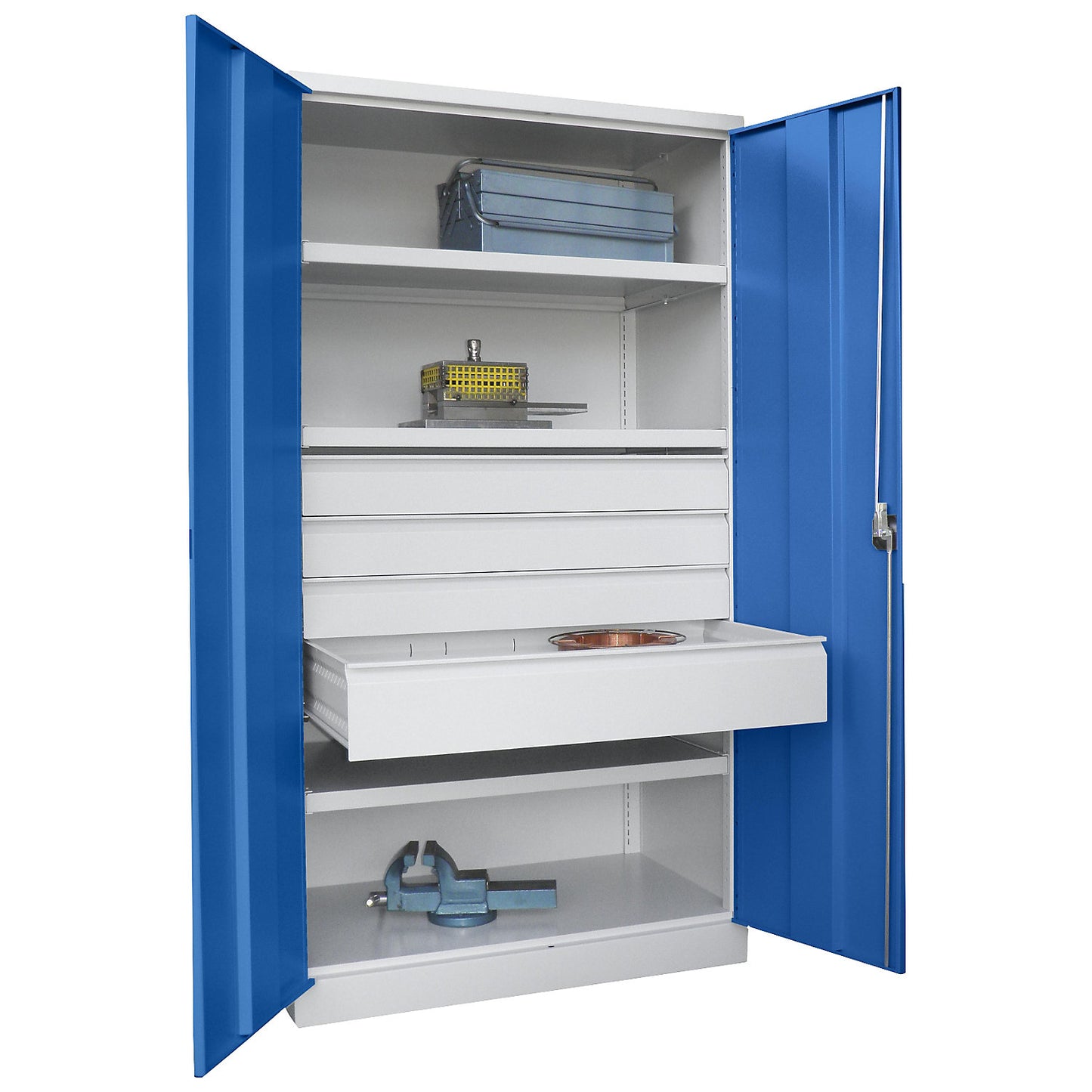 Heavy duty cupboard, height 1950 mm, 3 shelves, 4 drawers, grey / blue.