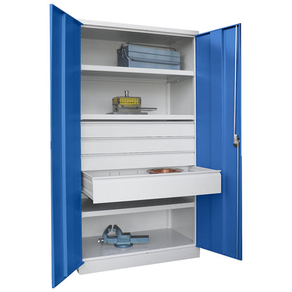 Heavy duty cupboard, height 1950 mm, 3 shelves, 4 drawers, grey / blue.
