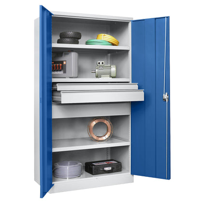 Heavy duty cupboard, height 1950 mm, 3 shelves, 3 drawers, grey / blue.