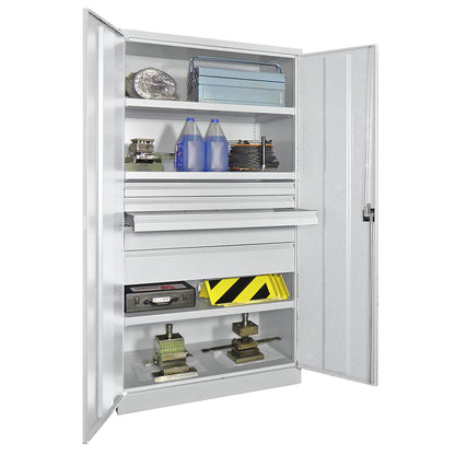 Heavy duty cupboard, height 1950 mm, 3 shelves, 5 drawers, grey.