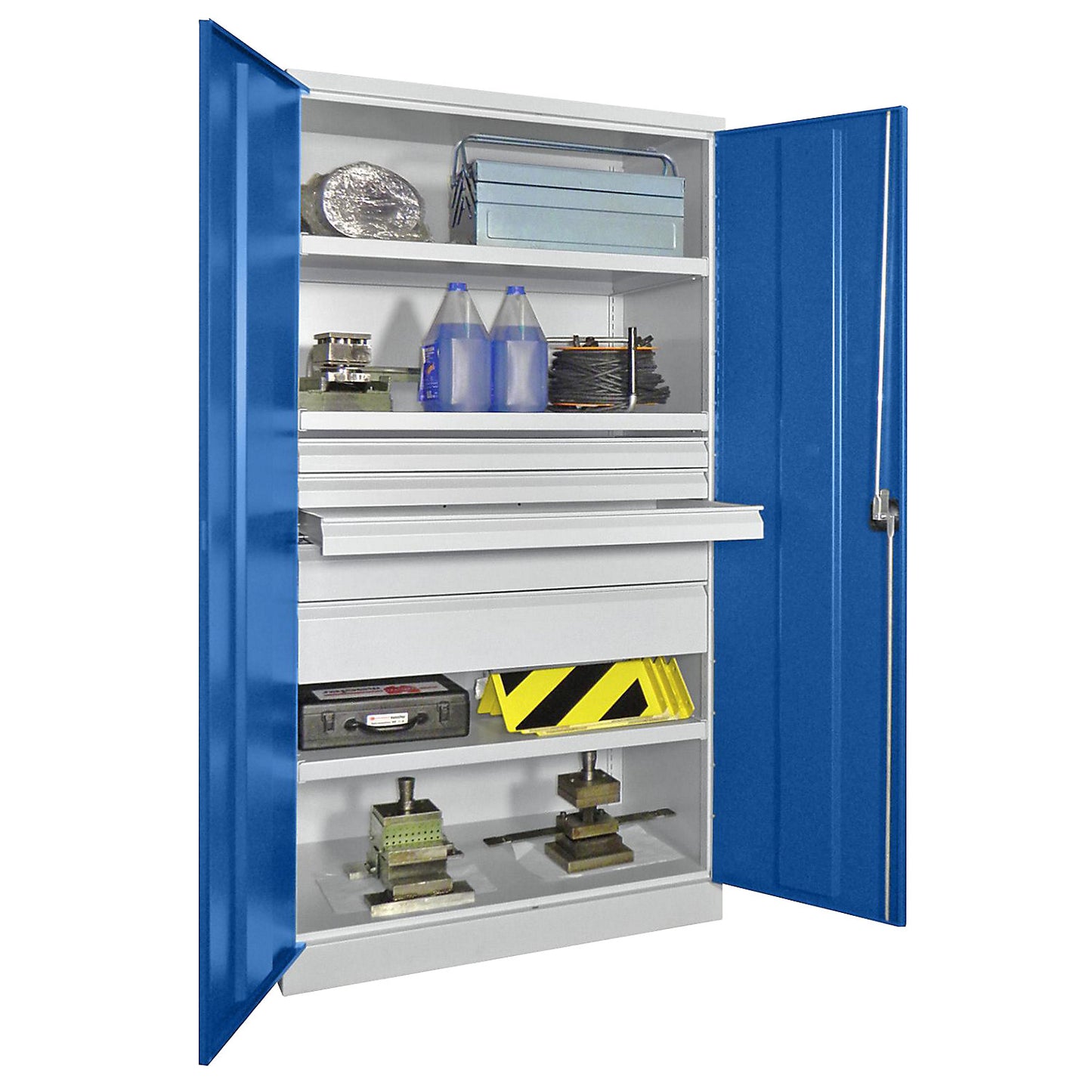 Heavy duty cupboard, height 1950 mm, 3 shelves, 5 drawers, grey / blue.