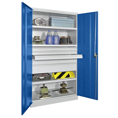 Heavy duty cupboard, height 1950 mm, 3 shelves, 5 drawers, grey / blue.