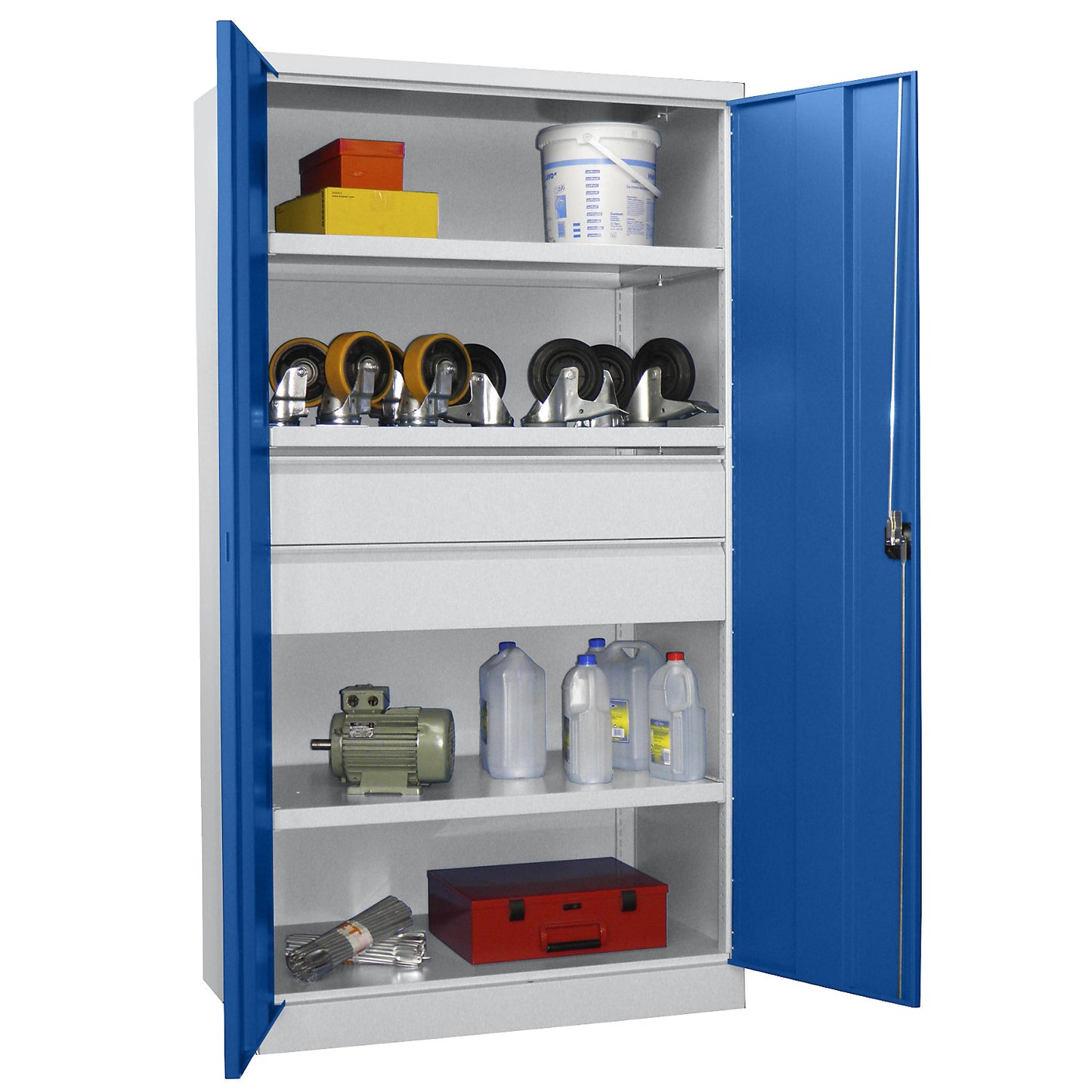 Heavy duty cupboard, height 1950 mm, 3 shelves, 2 drawers, grey / blue.