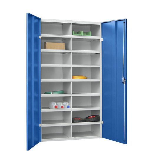 Bin units, 16 compartments, with doors, grey / blue.