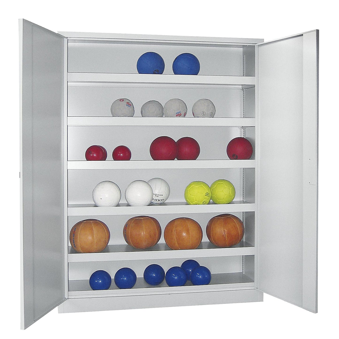 Double door ball cupboard, height 1950 mm, with solid panel doors, width 1500 mm, grey.