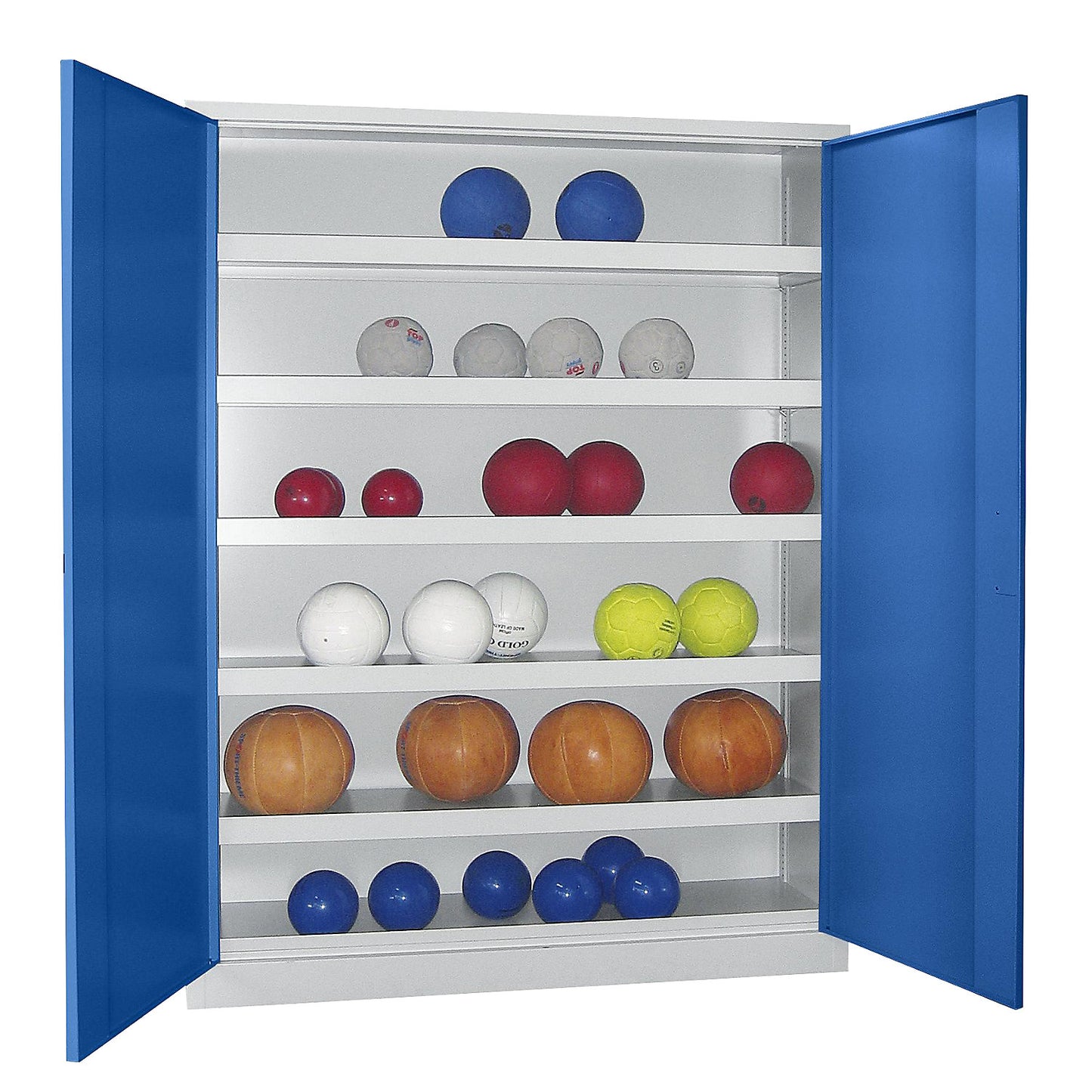 Double door ball cupboard, height 1950 mm, with solid panel doors, width 1500 mm, grey / blue.